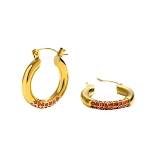 Golden hoop earrings featuring pink pave crystals with a high-polished metallic finish