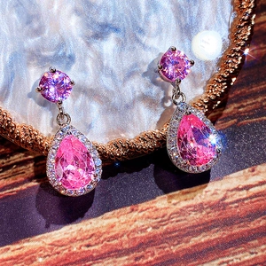 Elegant pink teardrop zircon drop earrings with micro-pave diamond halo in silver