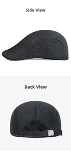 Detail view of winter dark grey flat cap showing side profile and back adjustable strap
