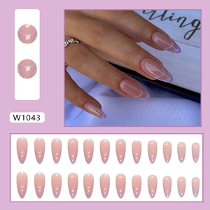 Taro purple French almond press-on nails with white accents and minimalist hollow design