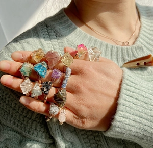 Detailed wire-wrapped raw citrine ring showing natural crystal texture and handicraft