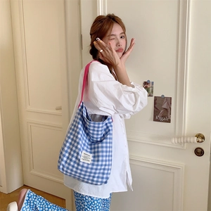 Gros plan d'un sac cabas en toile à carreaux bleu et blanc avec des anses roses porté