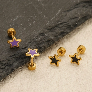 Star-shaped stainless steel stud earrings with purple and black drip oil finish