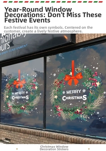 Detailed view of Christmas wreath window stickers with Merry Christmas greeting on glass