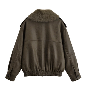 Deep brown faux leather jacket featuring a detachable faux fur collar and elastic hem