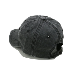 Detailed back view of washed charcoal cotton baseball cap with adjustable metal strap and distressing