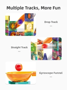 Detail of colorful magnetic marble run tracks featuring funnel and slope components