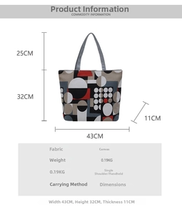 Detailed dimensions of a geometric canvas tote bag with height and width measurements