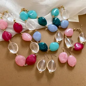Irregular Pebble Acrylic Bead Necklace Bracelet Earrings Colorful Gold Alloy Bold Boho Fashion Jewelry Women