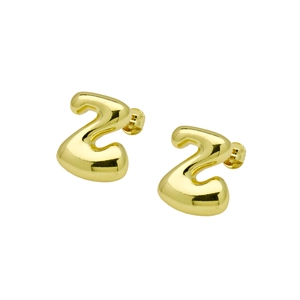 Detailed view of glossy gold balloon-style earrings shaped like the number two