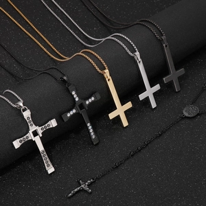 Stainless Steel Cross Pendant Necklace Inverted Rhinestone Rosary Gothic Punk Hip Hop Street Style Jewelry For Men