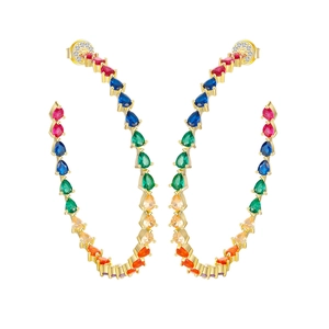 Rainbow hoop earrings with multi-color teardrop zircons on a 14k gold plated base