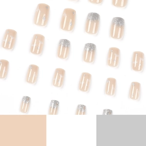 Pink press-on nails with silver stars and glitter gradient on a clean white background