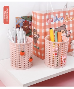 Pink cylinder pen holders with woven texture and cute cartoon charms for desk storage