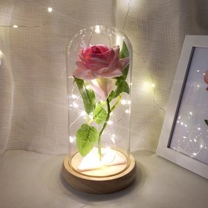 Pink artificial rose in a clear glass dome with LED lights on a wooden base
