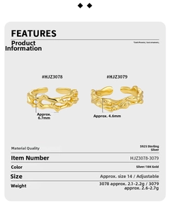Detailed view of S925 sterling silver rings with 18K gold-plated lava texture detail