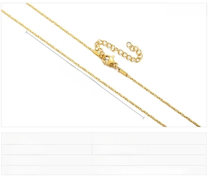 Detail of 0.8mm thin golden stainless steel O-chain necklace with dimensions and lobster clasp