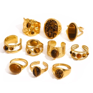 Ensemble de bagues bohème en acier inoxydable plaqué or 18 carats avec œil de tigre
