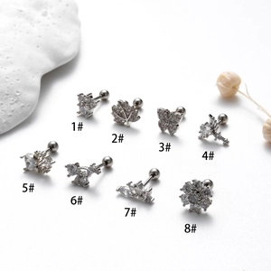 Detailed set of 8 silver stainless steel stud earrings with zircons and screw backings