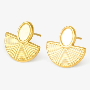 Detailed view of gold 304 stainless steel earrings with fan texture and oval studs