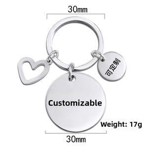 Polished silver stainless steel keychain featuring heart charm and 30mm round tags