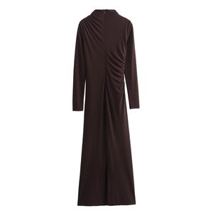 Elegant dark brown long-sleeve midi dress with side ruching details shown from the back