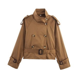 Women's camel short double-breasted trench coat with waist belt and shoulder straps