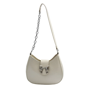 Minimalist creamy white half-moon underarm bag with silver bow accent and chain strap