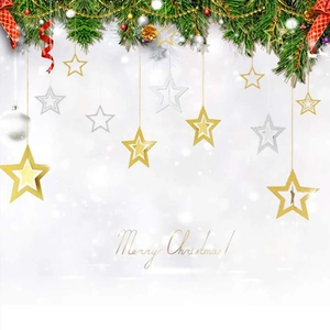Minimalist white Merry Christmas backdrop with gold stars and festive green pine needles