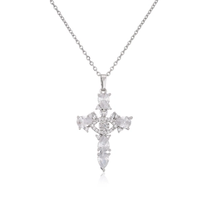 Cross pendant necklace with pear-cut cubic zirconia in a silver-tone setting