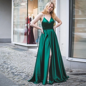 Sexy Satin Evening Dress Deep V-Neck Spaghetti Straps High Slit Backless Criss Cross Strappy Floor Length Gown For Women