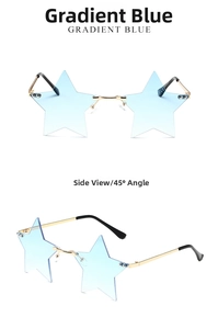 Detail view of star-shaped rimless sunglasses featuring gradient blue lenses and gold frames