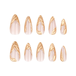 Nude almond press-on nails with 3D gold relief textures and metallic art finish