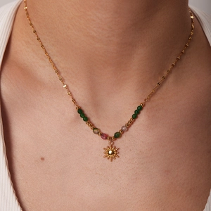 French retro 18K gold stainless steel sun pendant necklace with natural stone on model