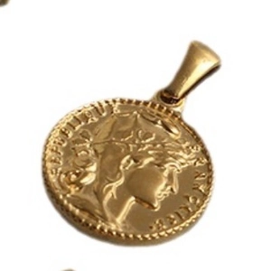 18K gold plated titanium steel necklace with a Roman coin pendant in embossed finish
