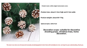 Detail showing natural white-edged pinecones with hanging strings, sized 3 to 5cm