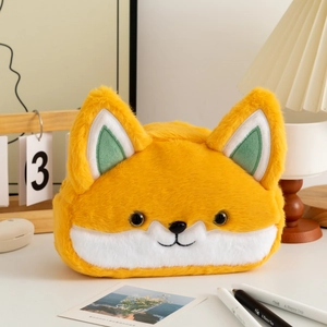 Cute yellow plush fox pencil case with large capacity and embroidered facial details