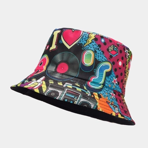 Detail of colorful 80s retro graffiti print bucket hat with vinyl and radio graphics