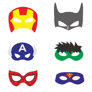 Close-up of superhero party masks for kids featuring various iconic character designs