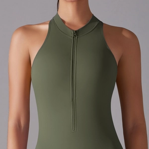 Detail of high-neck sleeveless olive yoga jumpsuit with seamless zipper closure