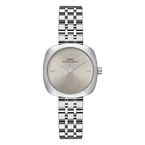 Detailed view of the square silver dial with sunray texture and metal link strap