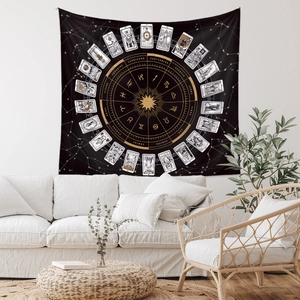 Bohemian black tapestry with gold zodiac wheel and tarot design for wall decoration
