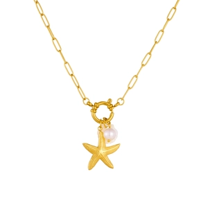 Gold starfish pearl pendant necklace with paperclip chain for elegant beach jewelry look