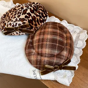 Vintage leopard and plaid fabric beret with a velvet bow for elegant women