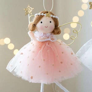 Pink fabric angel doll ornament with glittery gauze wings for Christmas tree decoration