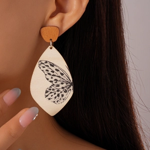 Retro wooden butterfly print teardrop earrings for women in bohemian vacation style