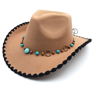 Khaki wool felt western cowboy hat with bohemian turquoise bead trim and woven brim edge