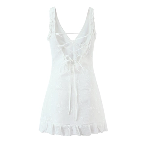 White sleeveless lace dress with criss-cross back straps and ruffled hem design