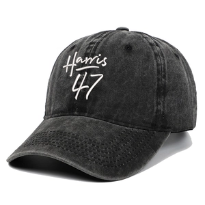 Vintage dark grey washed cotton baseball cap featuring white Harris 47 embroidery
