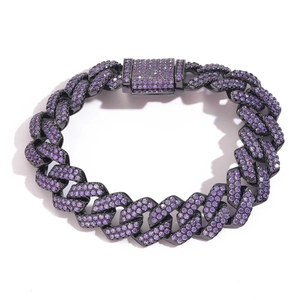 Bracelet Maille Cubaine Homme Hip Hop Cuivre Zircon Violet Pavé Bijoux Glacé